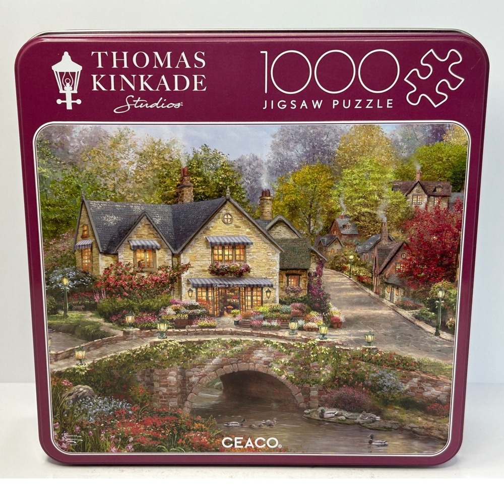 Thomas Kinkade Summer in Cobblestone Village 1000 Piece Jigsaw Puzzle Ceaco Tin
